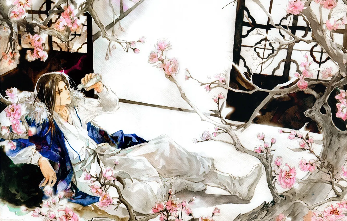 Photo wallpaper branches, room, stay, figure, Sakura, watercolor, guy, flowering