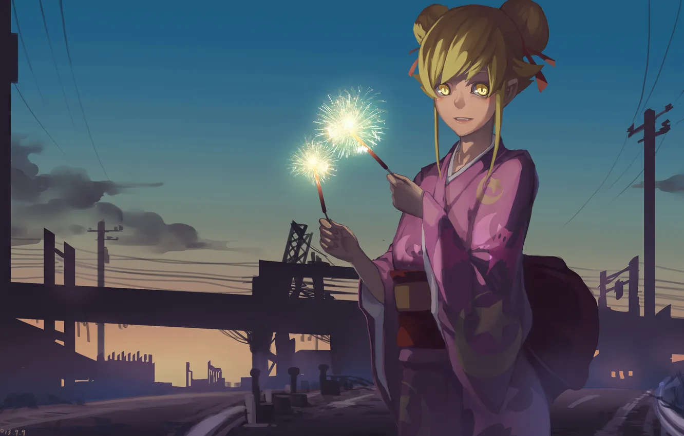 Photo wallpaper girl, wire, the evening, anime, art, kimono, bakemonogatari, oshino shinobu