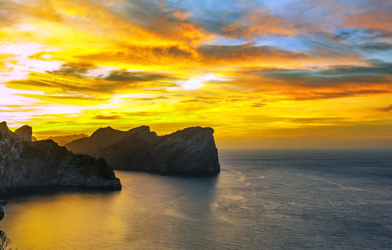 Photo wallpaper sea, sunset, rocks, coast, panorama, Spain, Spain, The Mediterranean sea