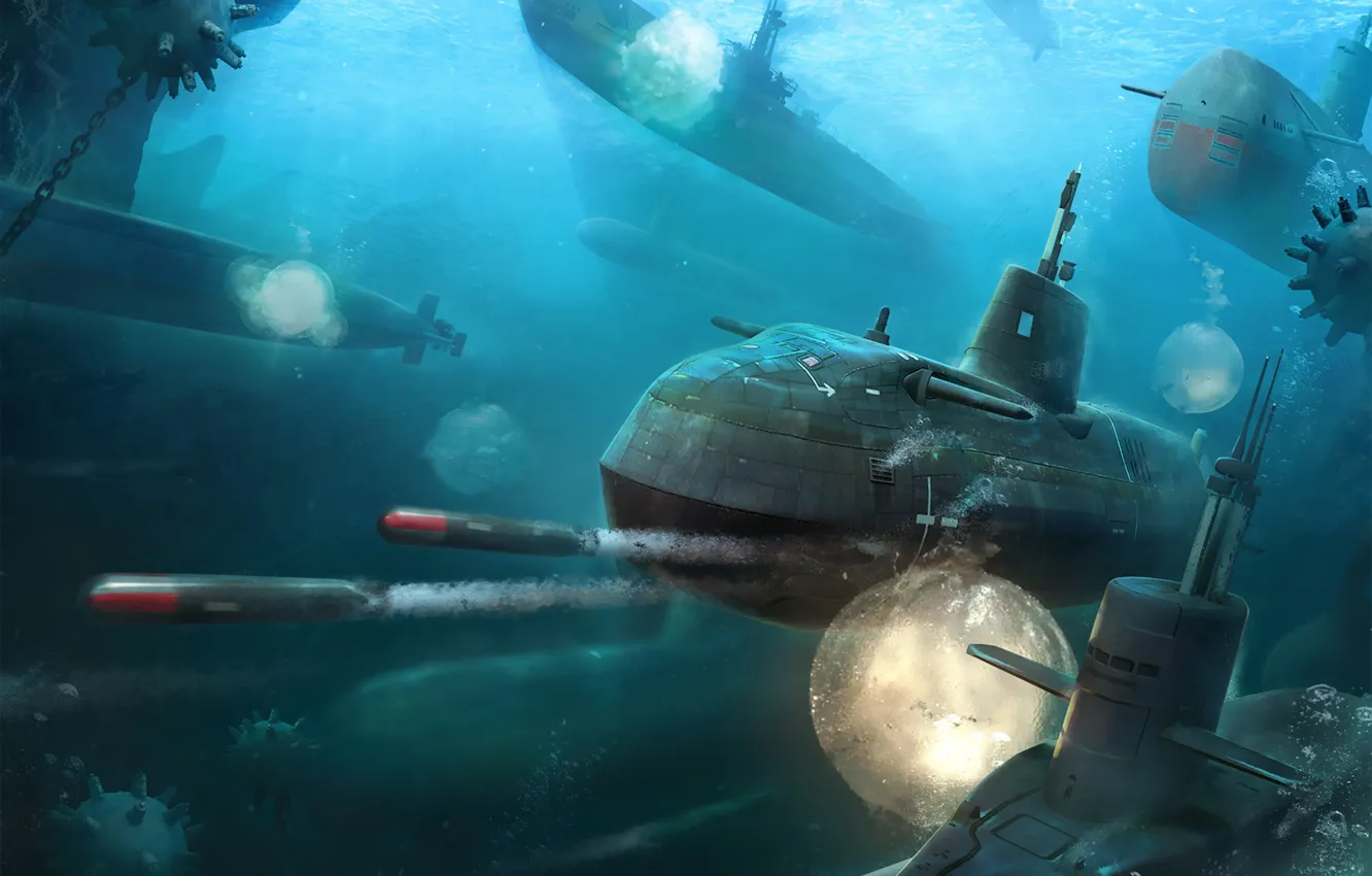 Photo wallpaper The ocean, Sea, The game, Submarine, Boats, Art, Game, Torpedoes