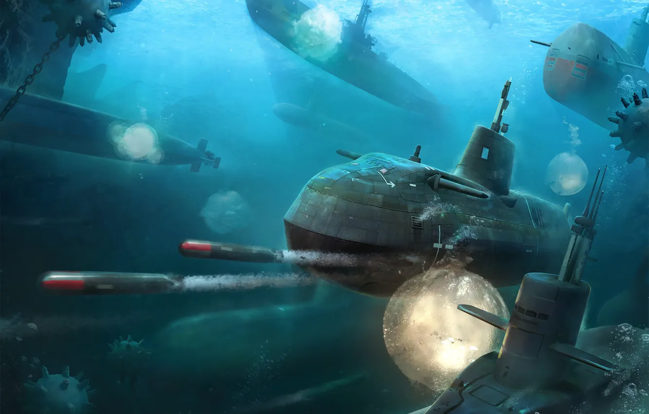 Photo wallpaper sea, the ocean, boat, the game, art, submarine, game, torpedo