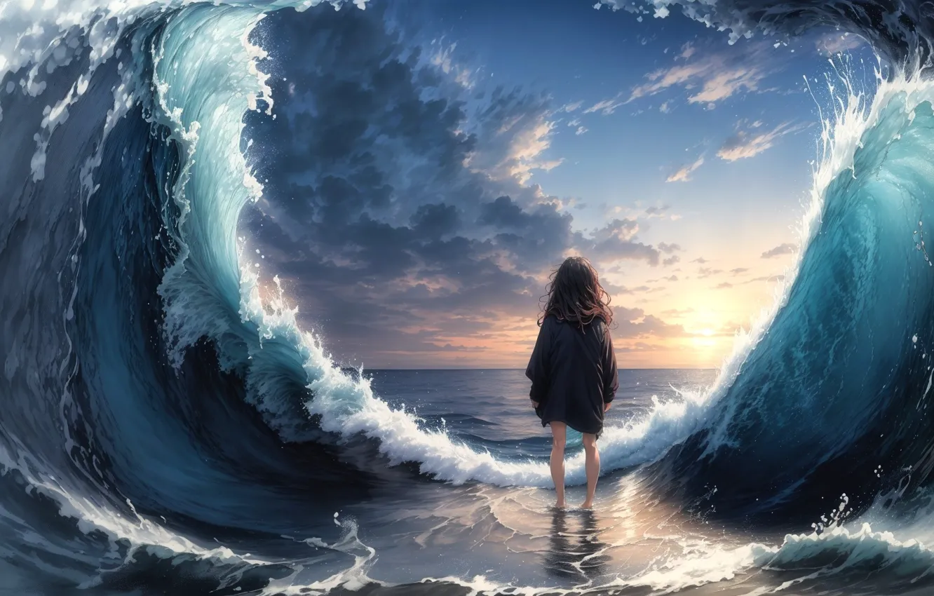 Photo wallpaper sea, wave, the ocean, girl