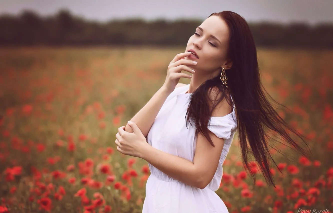 Photo wallpaper white, girl, sweetheart, tenderness, earrings, dress, brunette, touch