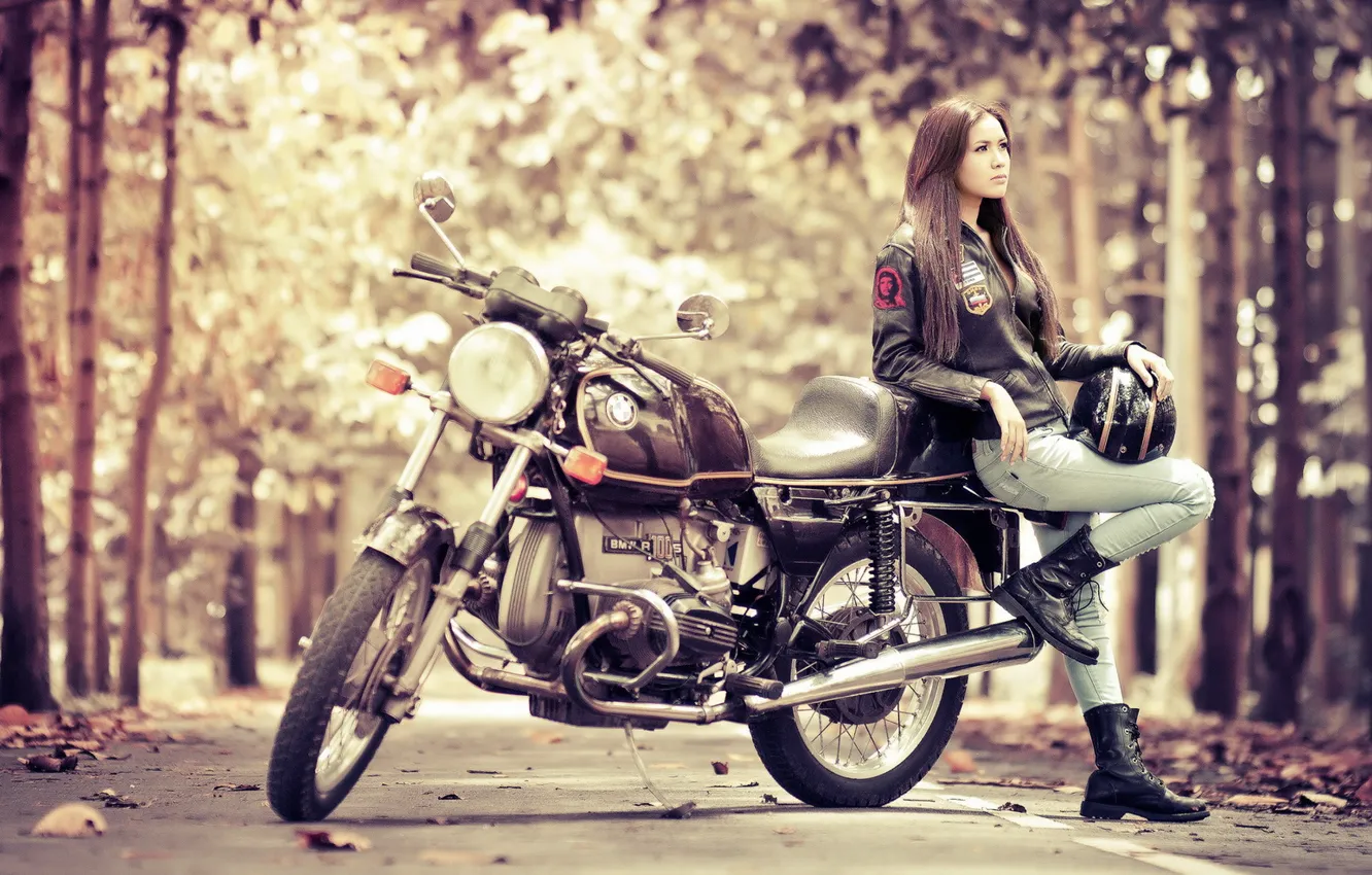 Photo wallpaper girl, BMW, motorcycle