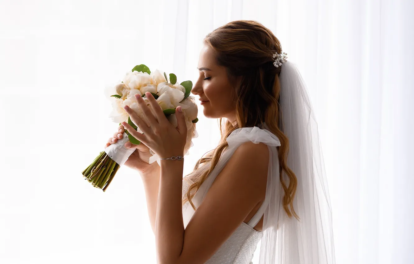 Photo wallpaper white, flowers, wedding, sniffing flowers, curtains, the bride, fingers, tulle