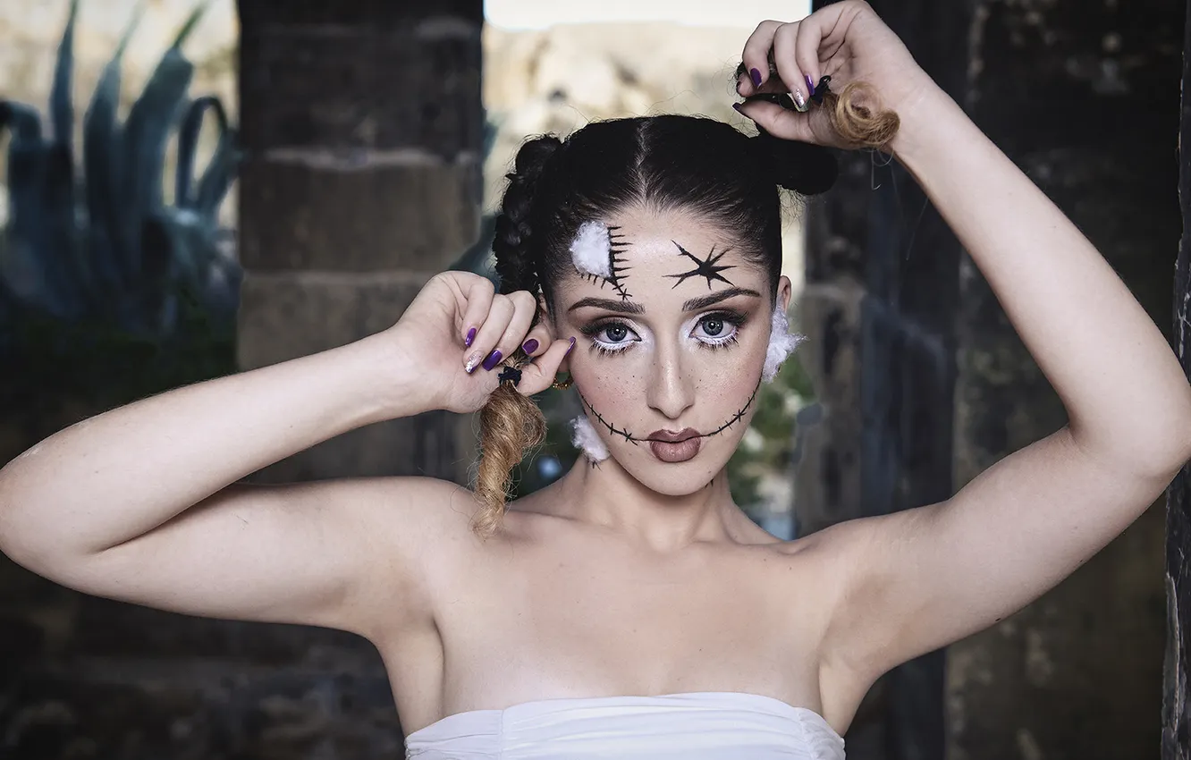 Photo wallpaper look, girl, face, style, portrait, makeup, Halloween, image