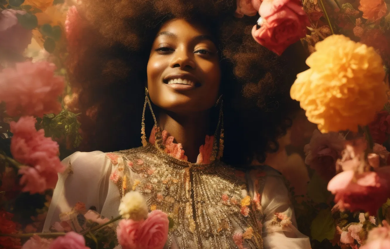 Photo wallpaper girl, flowers, smile, black woman, digital art, AI art, The Art of Artificial Intelligence, neural …