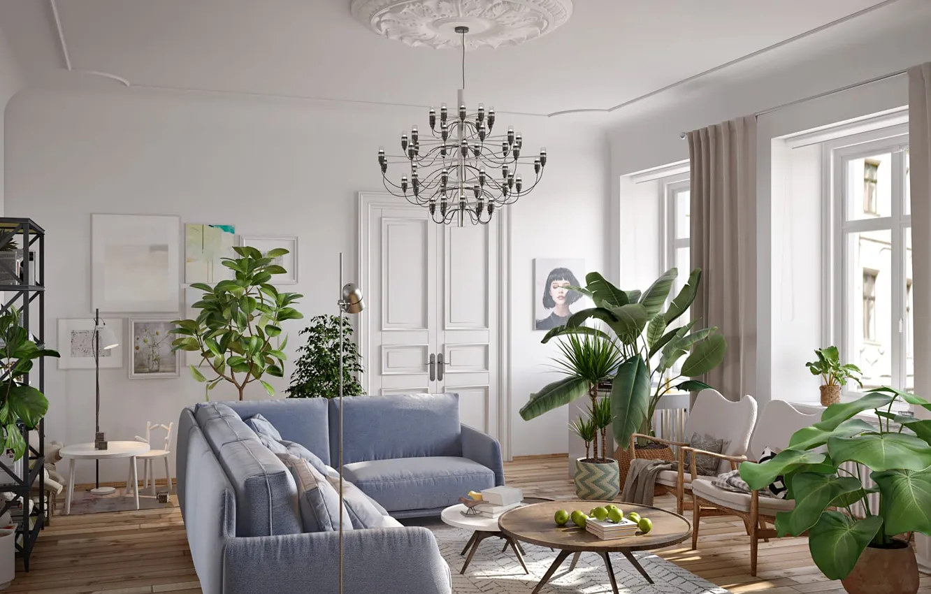 Photo wallpaper room, style, interior, eko style, living room, design, plant