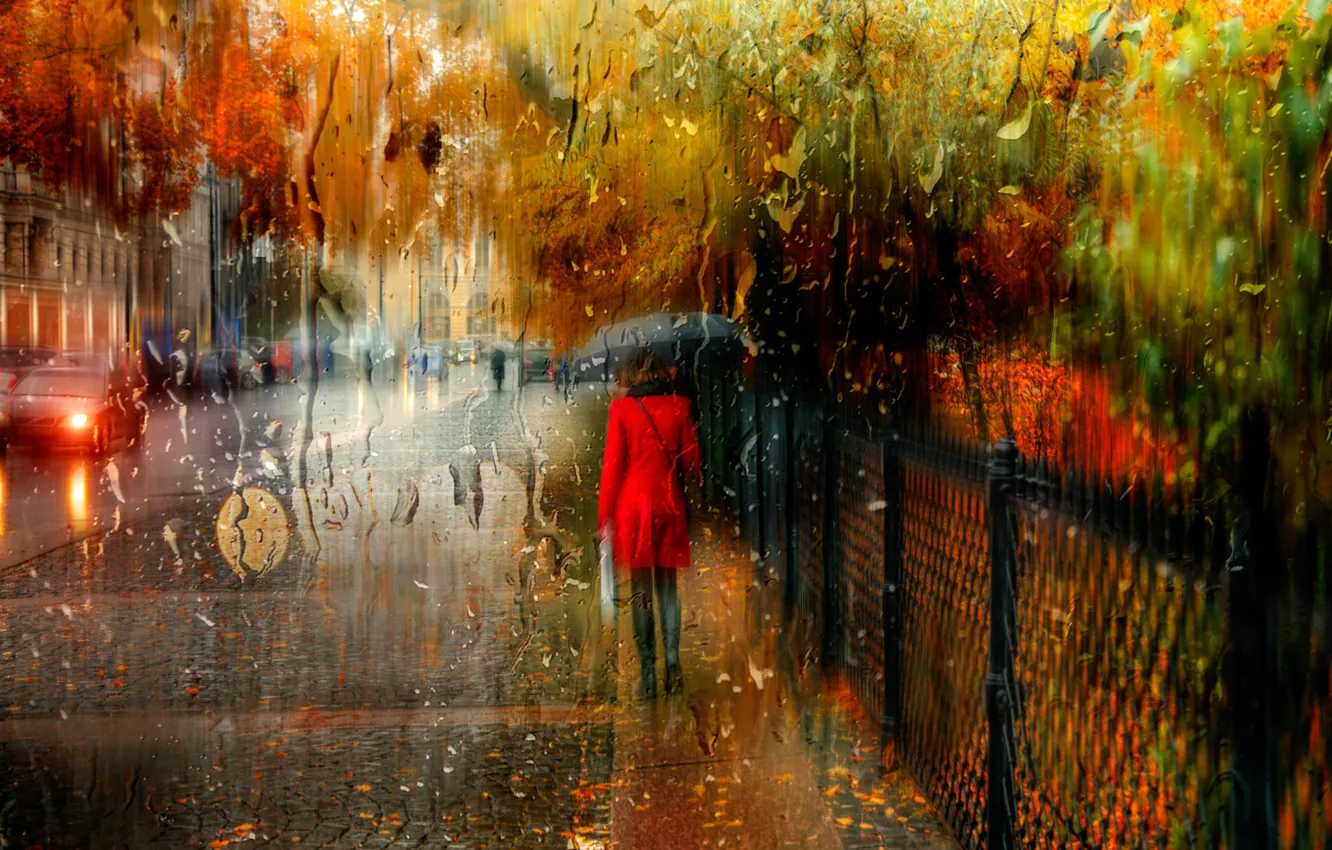 Photo wallpaper autumn, girl, the city, rain, Saint Petersburg, Russia