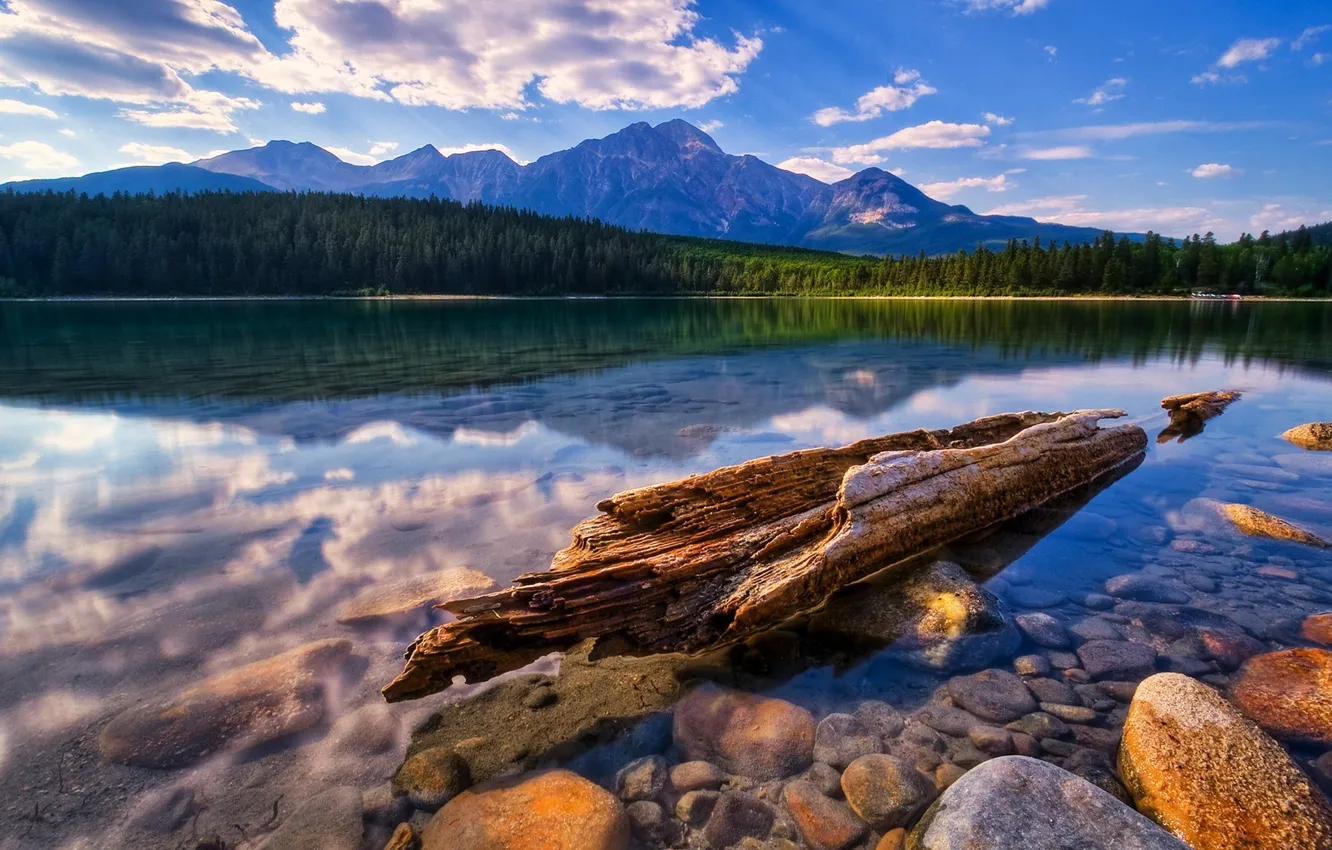 Photo wallpaper mountains, lake, log