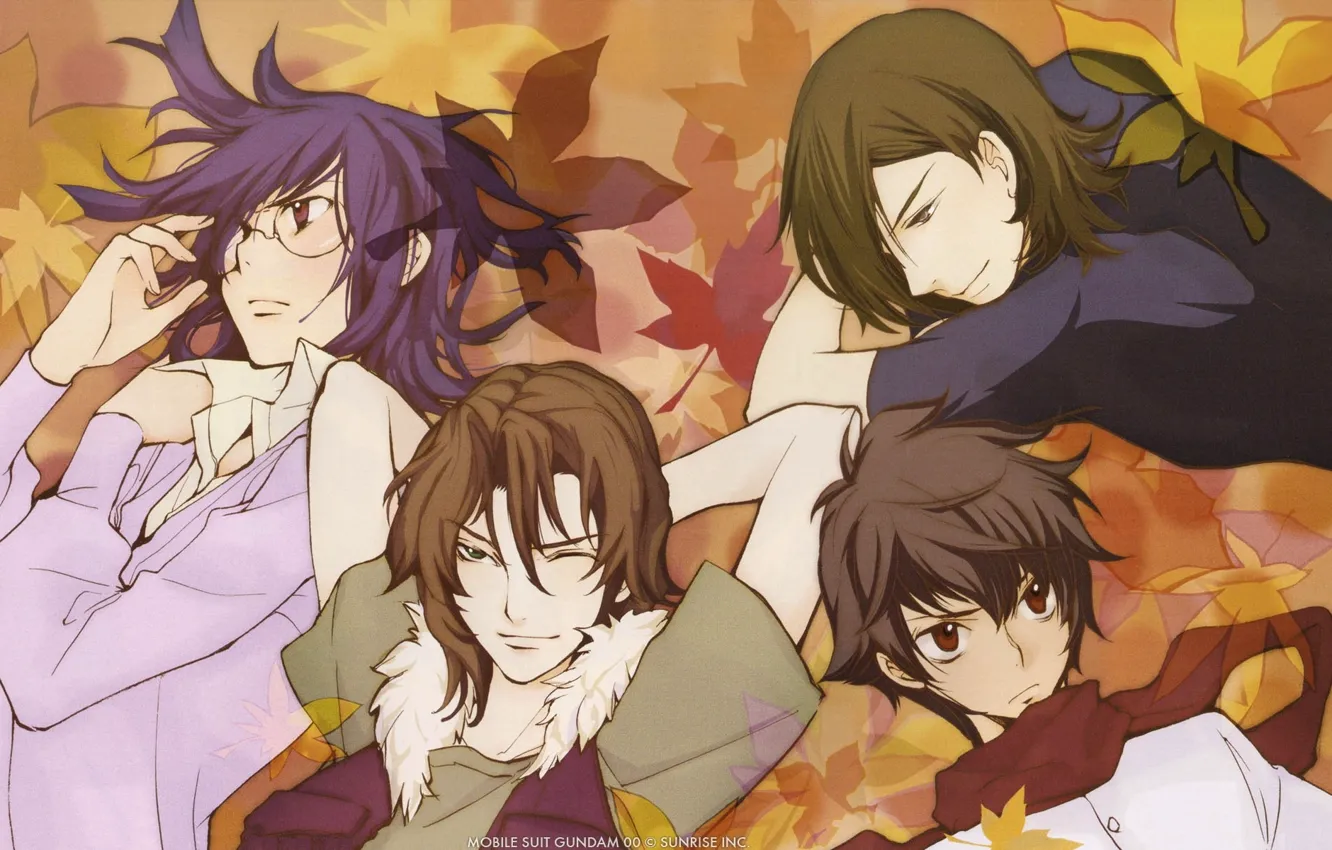 Photo wallpaper face, glasses, guy, characters, maple leaves, Gundam, four friends