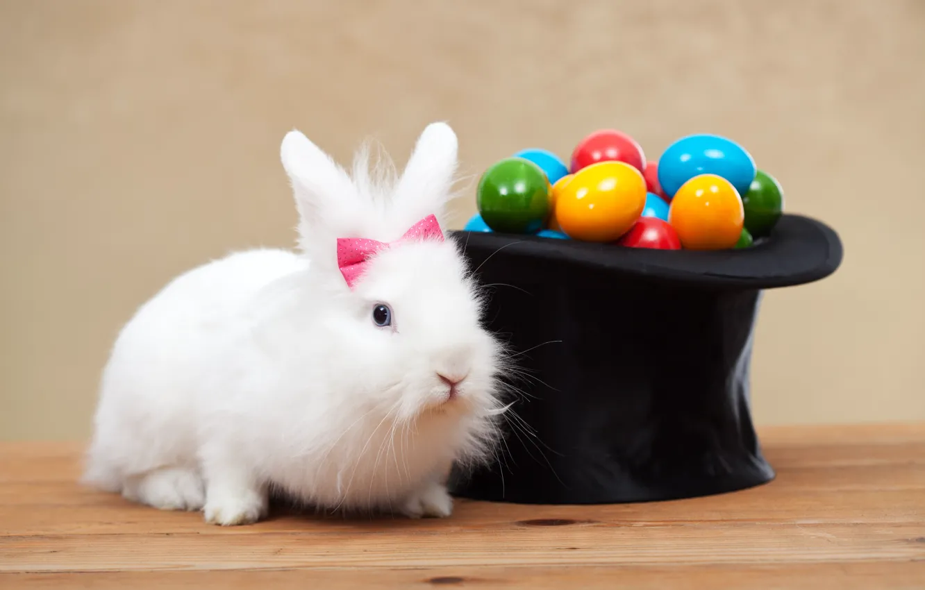 Photo wallpaper white, holiday, eggs, hat, colorful, rabbit, Easter, holidays