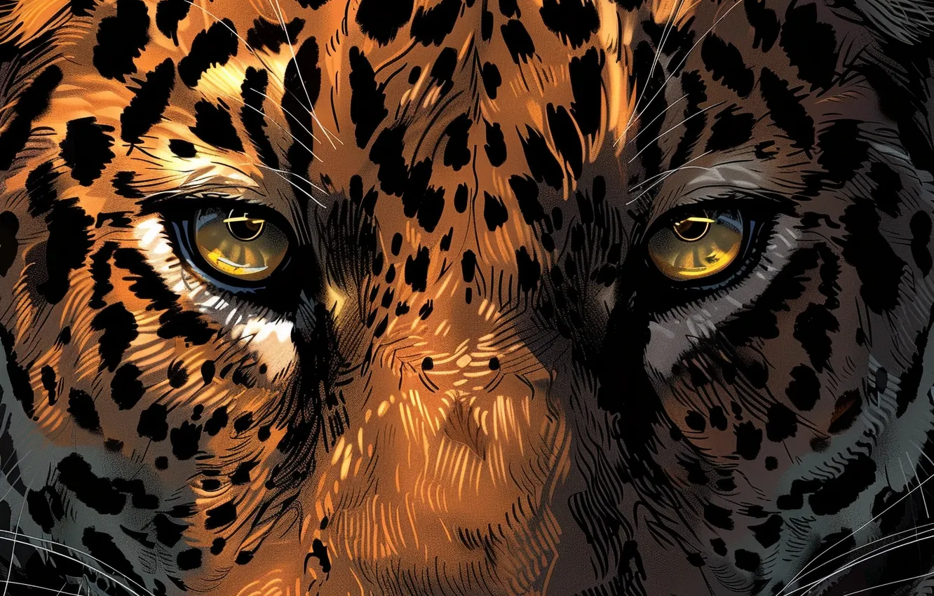 Photo wallpaper Look, Jaguar, Eyes, Face, Predator, Art, Digital art, Big cat