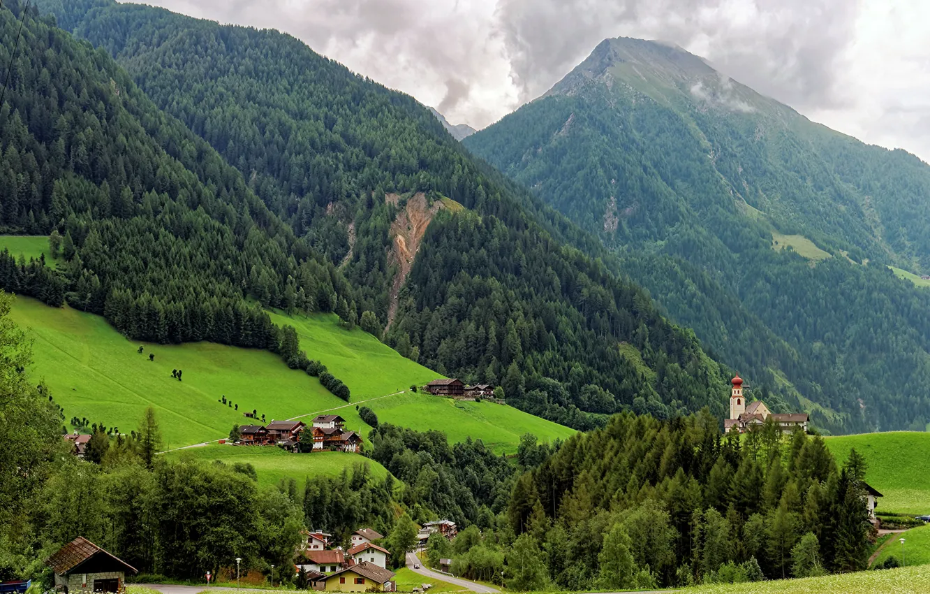 Photo wallpaper greens, trees, mountains, field, slope, Italy, houses, forest