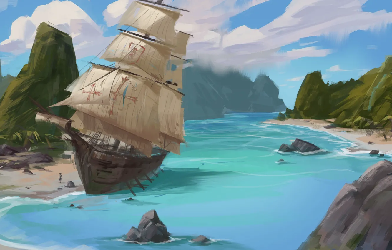 Photo wallpaper shore, ship, sailboat, Bay, art, brig, practice, jin dongyu