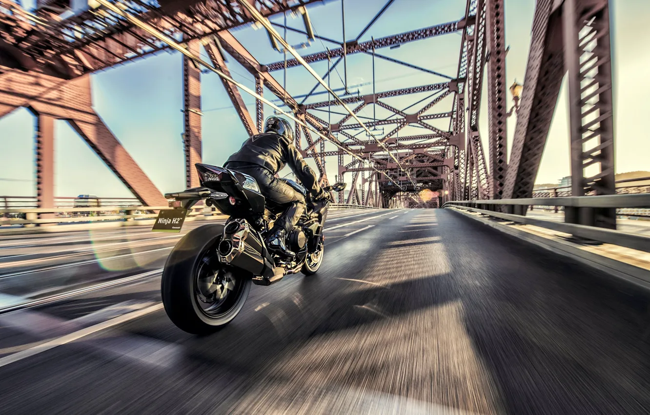 Photo wallpaper Kawasaki, road, bridge, motorcycle, Ninja, rear view, Kawasaki Ninja H2
