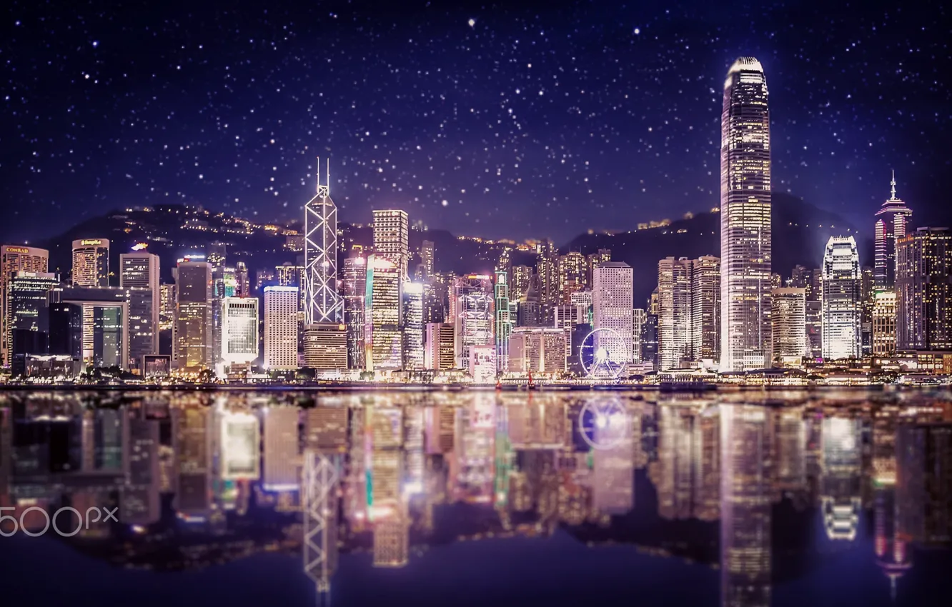 Photo wallpaper night, the city, lights, China, Hong Kong