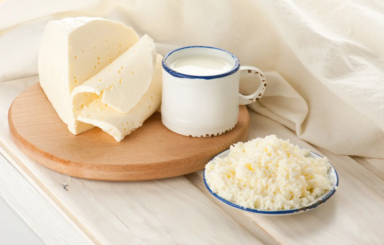 Photo wallpaper cheese, milk, mug, fabric, Board, saucer, cheese