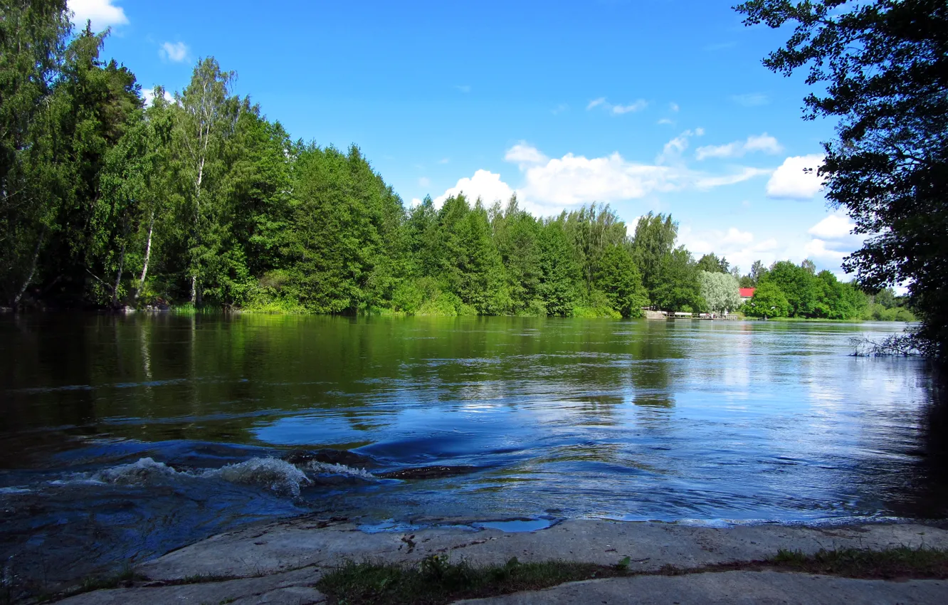 Photo wallpaper forest, the sky, clouds, trees, landscape, house, river, stones