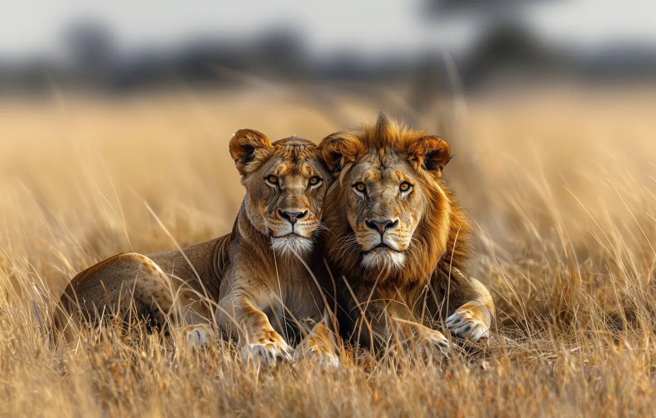 Photo wallpaper Grass, Look, Lioness, Two, Lions, Digital art, Predators, Big Cats
