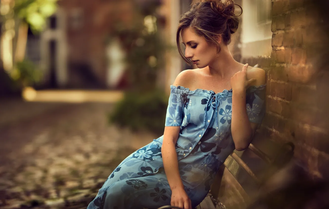 Photo wallpaper girl, street, building, dress, neckline, brown hair, Maarten Quaadvliet