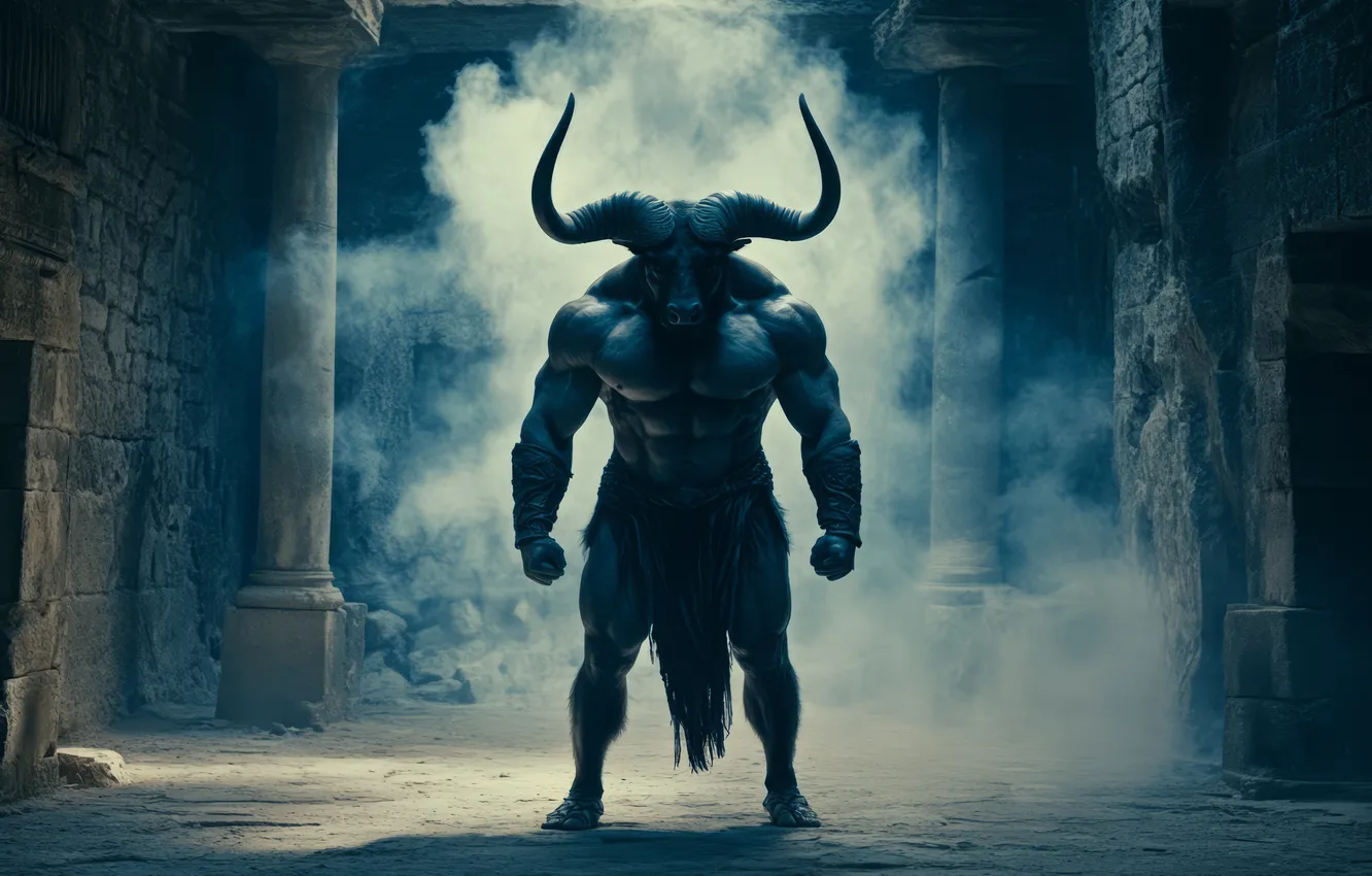 Photo wallpaper look, monster, front, the Minotaur, digital art, mythology, AI art, The Art of Artificial Intelligence