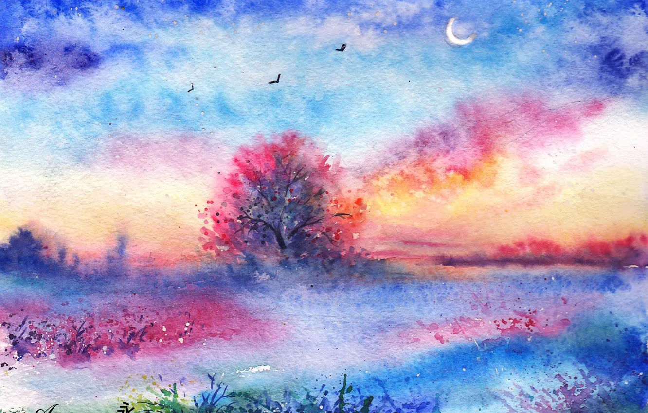 Photo wallpaper grass, trees, bird, watercolor, painted landscape