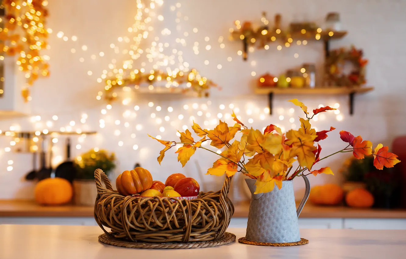 Photo wallpaper autumn, light, apples, bouquet, lights, kitchen, pumpkin, pitcher