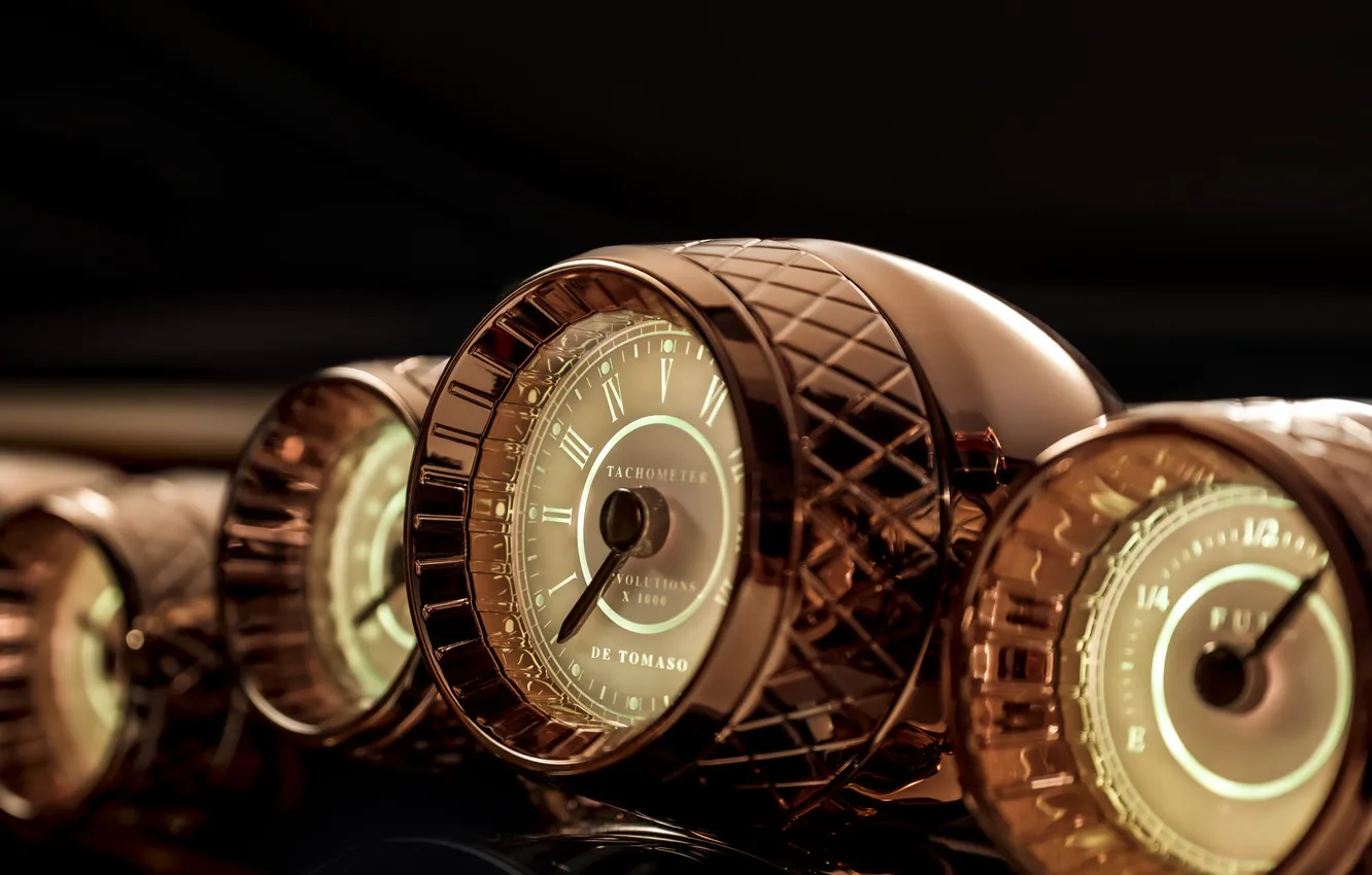 Photo wallpaper Supercar, the instrument panel, interior details, De Tomaso, supercar, De Tomaso Automobili SpA, 2019, analog …