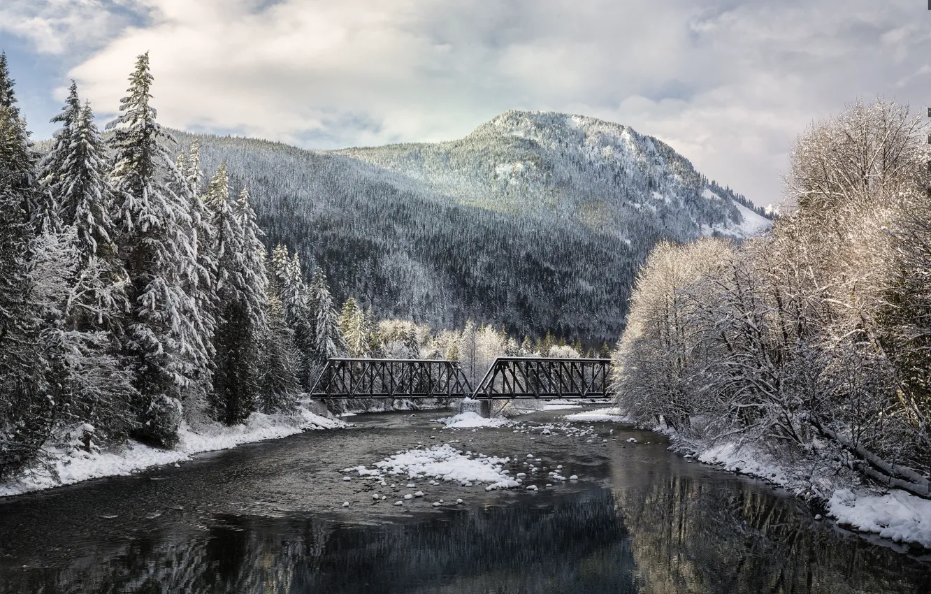 Photo wallpaper winter, snow, landscape, mountains, bridge, nature, lake, beauty