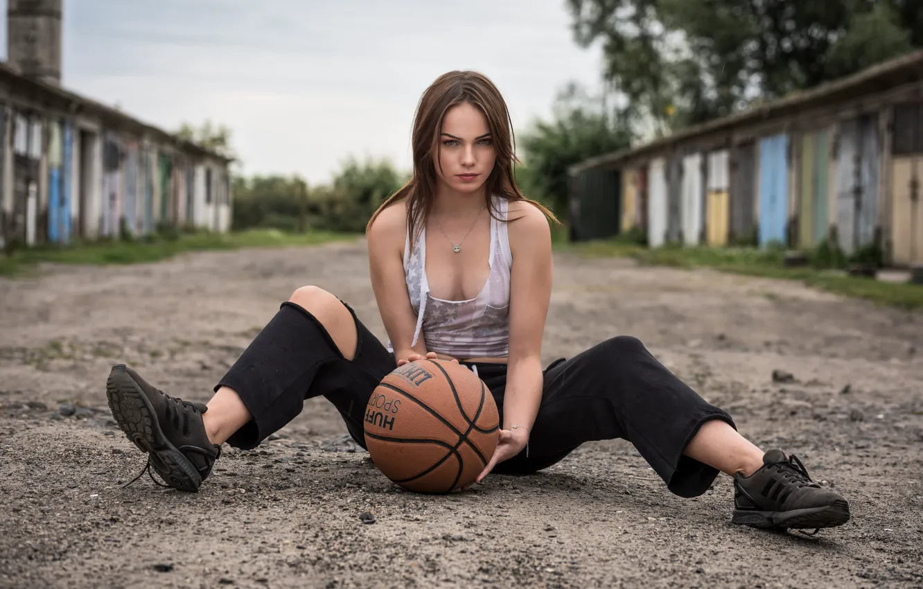 Photo wallpaper basketball, beautiful girl, beautiful girl, basketball, spread her legs, model posing, sitting on the ground, …