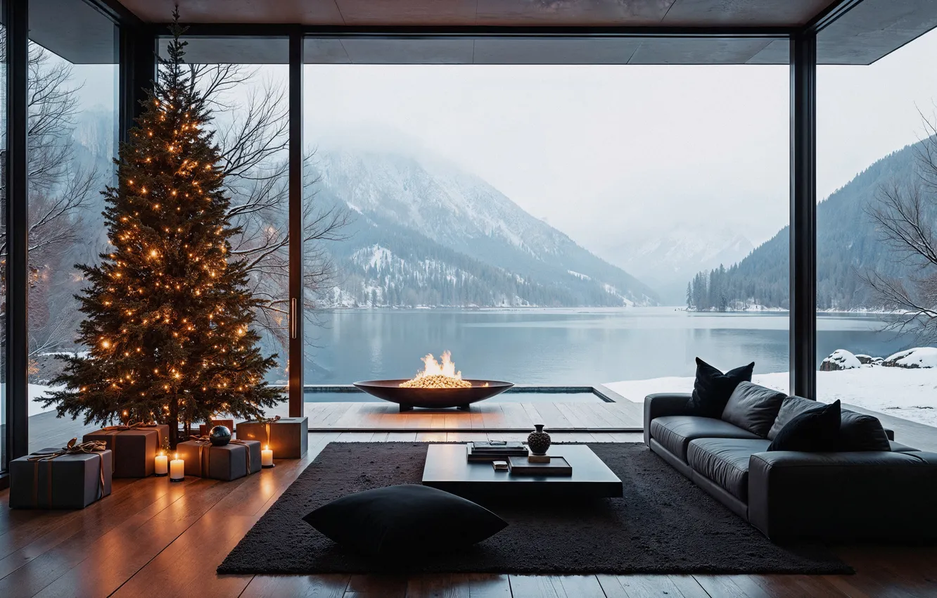 Photo wallpaper decoration, room, tree, new year, interior, Christmas, panorama, Christmas