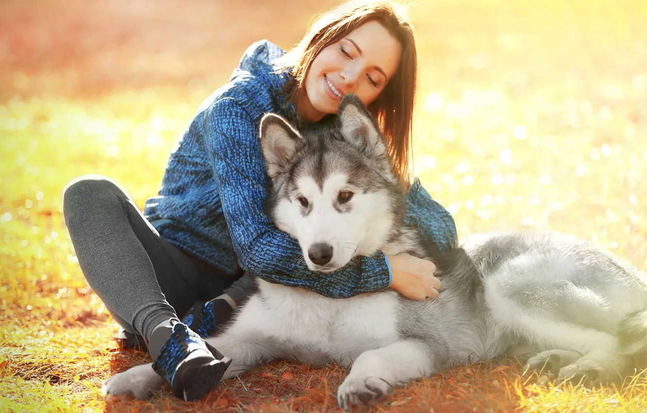 Photo wallpaper girl, smile, animal, dog, brown hair, husky
