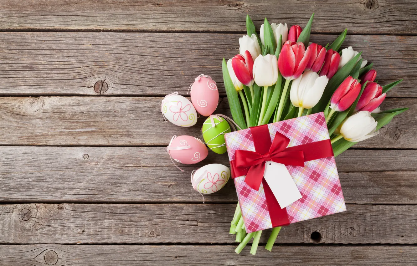 Photo wallpaper flowers, eggs, spring, colorful, Easter, tulips, red, wood