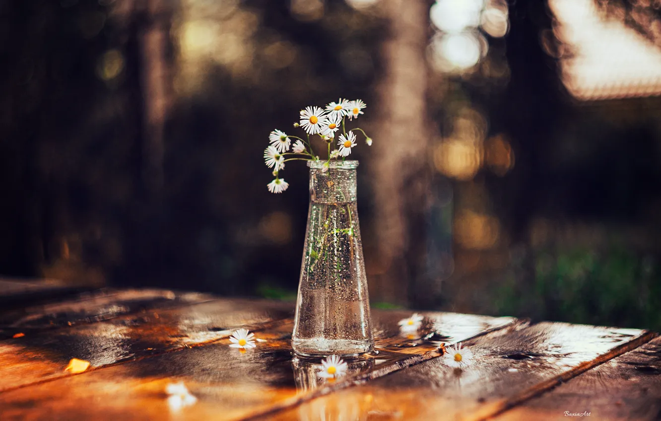 Photo wallpaper on the table, flowers in a vase, blur bokeh