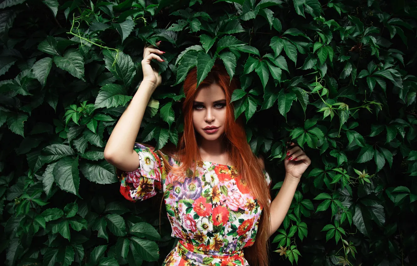 Photo wallpaper leaves, girl, pose, red, Dana Bounty, Alexander Shein