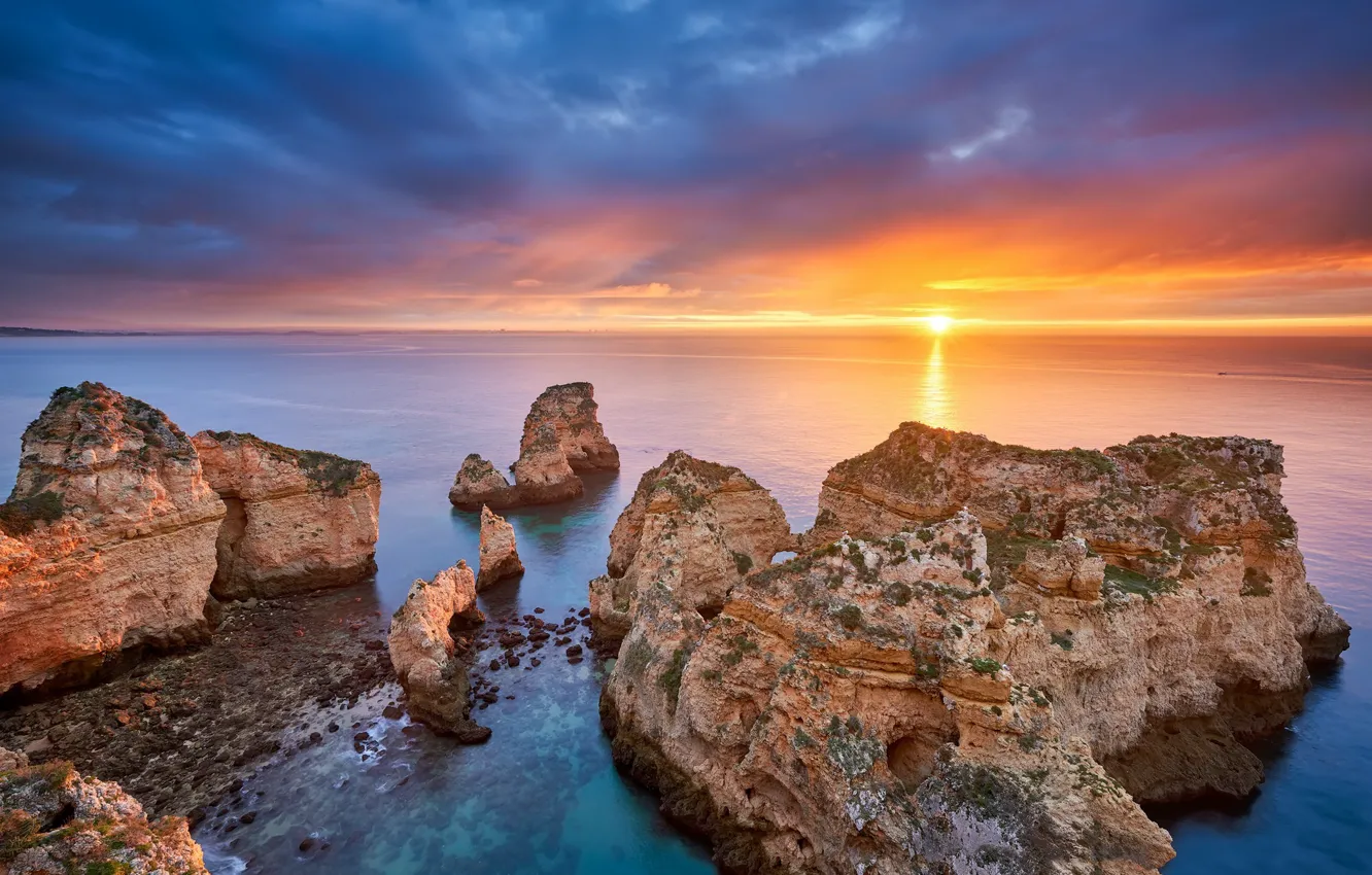 Photo wallpaper sea, dawn, coast, morning, Portugal, Portugal, Algarve, Ponta da Piedade