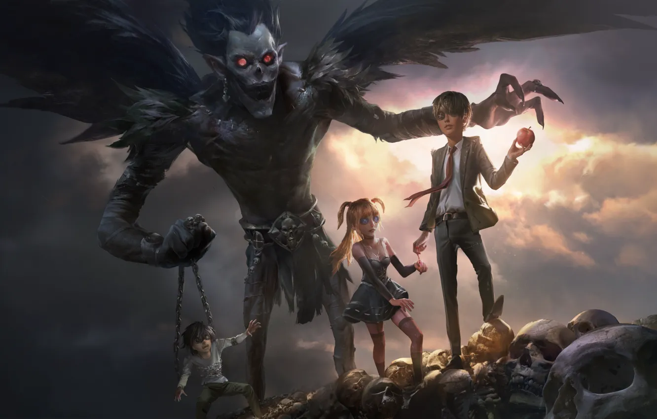 Photo wallpaper girl, fantasy, skull, guys, Death Note, Light Yagami, Ryuk, the God of death