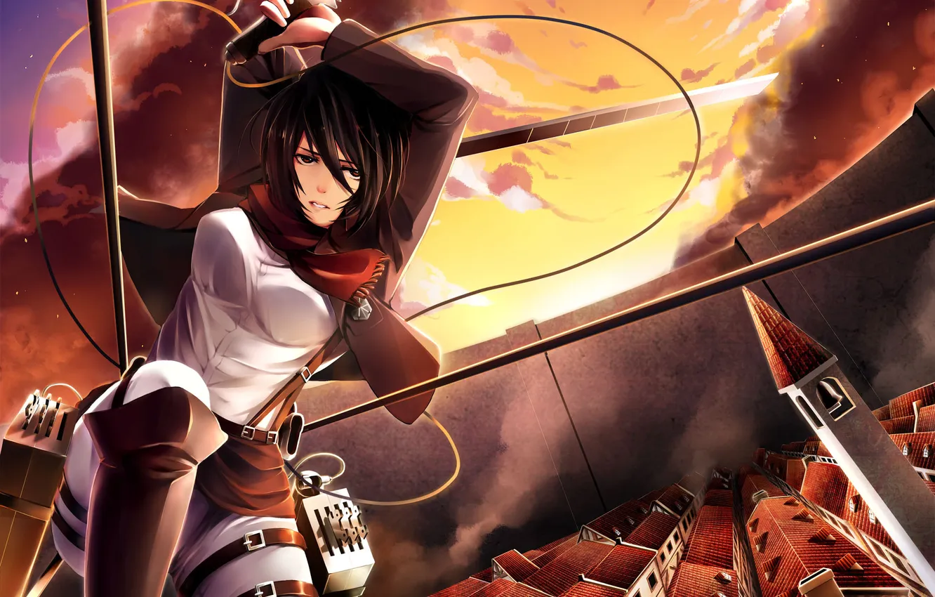 Photo wallpaper look, girl, flight, sunset, the city, weapons, wall, soldiers