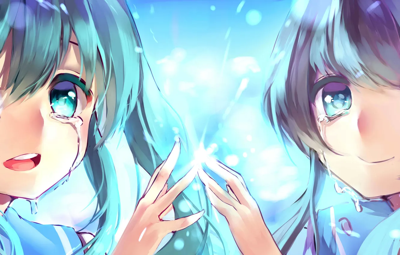 Photo wallpaper girl, anime, tears, art, vocaloid, hatsune miku, two, luo tianyi