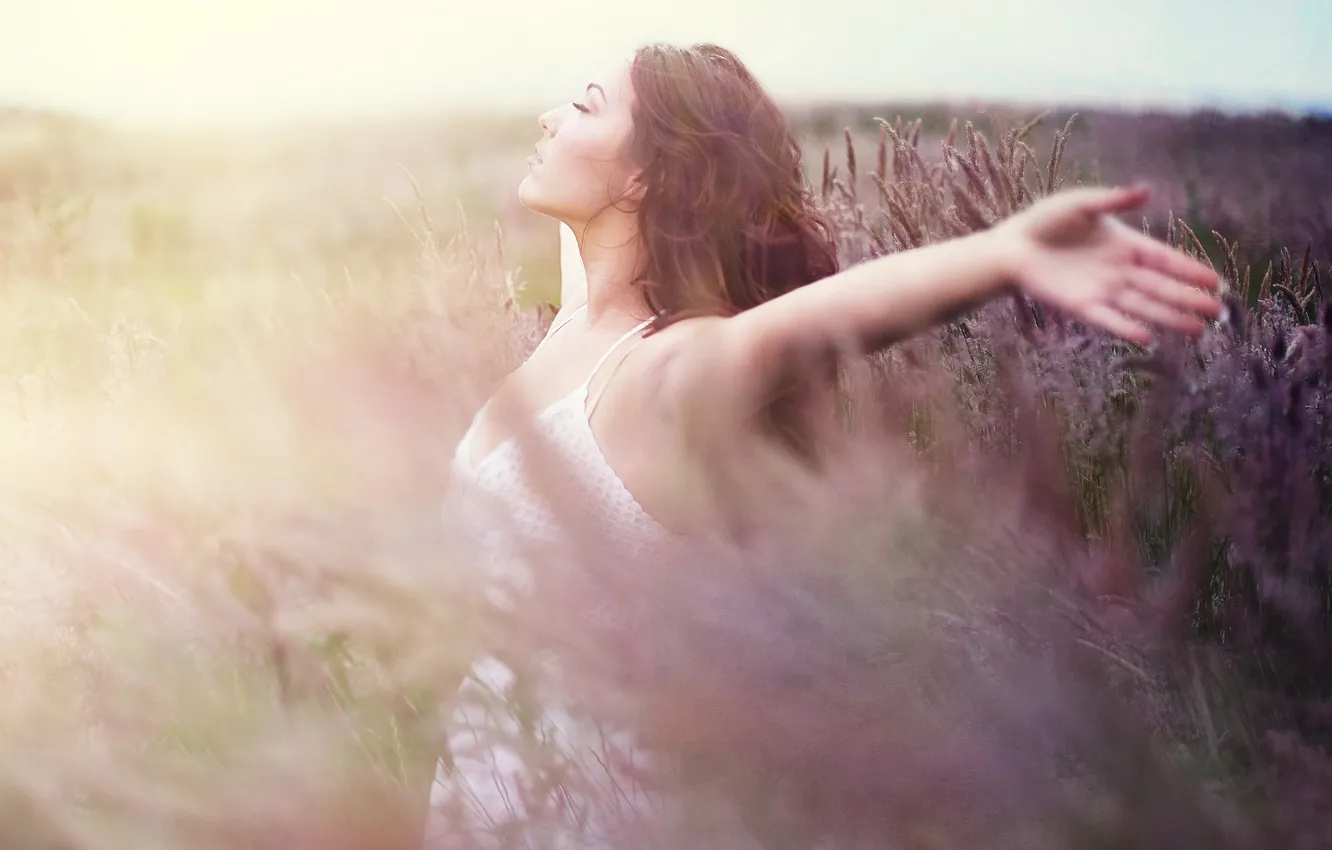 Photo wallpaper the sky, girl, eyelashes, the wind, hair, hands, makeup, dress