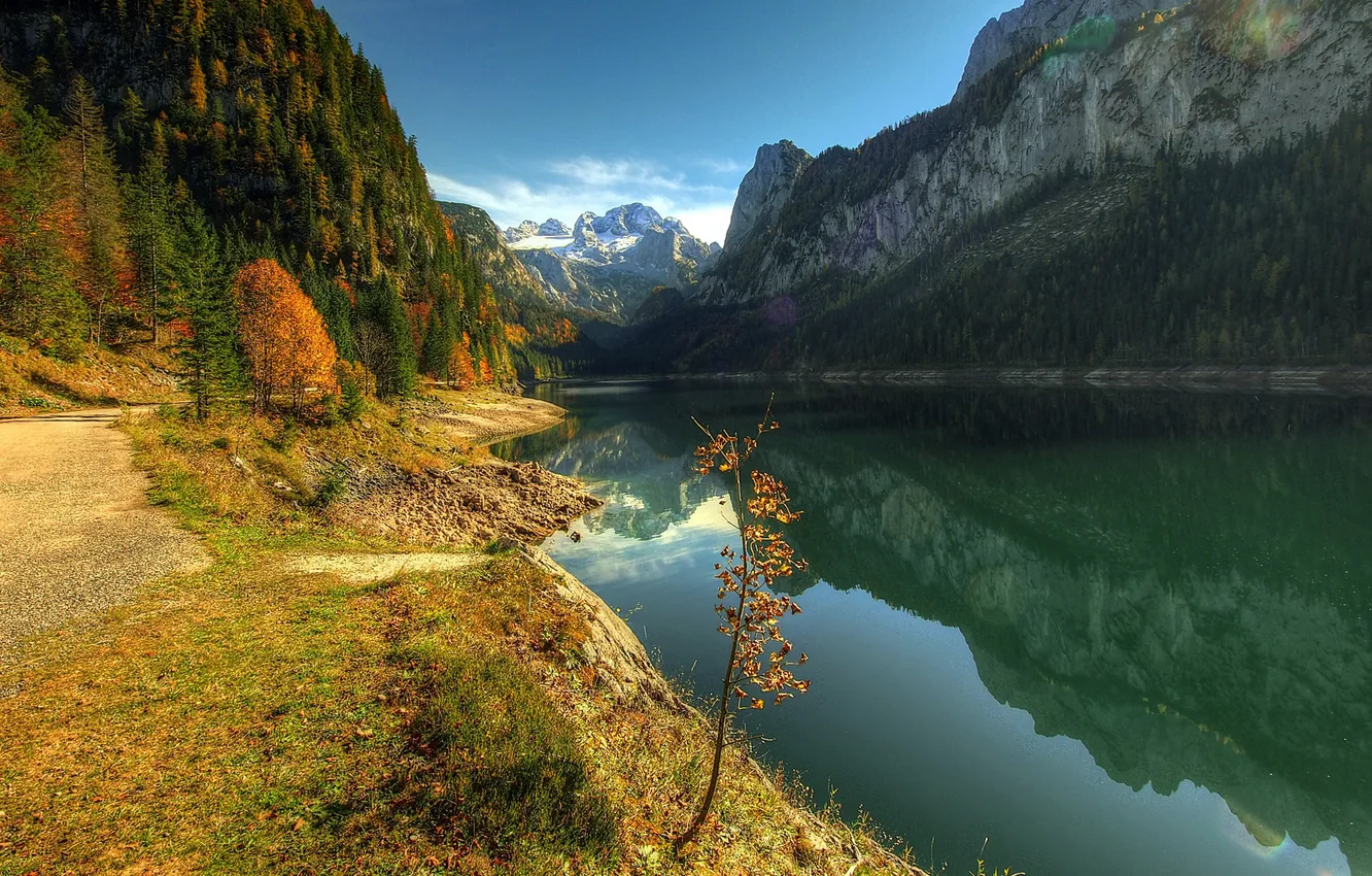 Photo wallpaper autumn, mountains, lake, hills