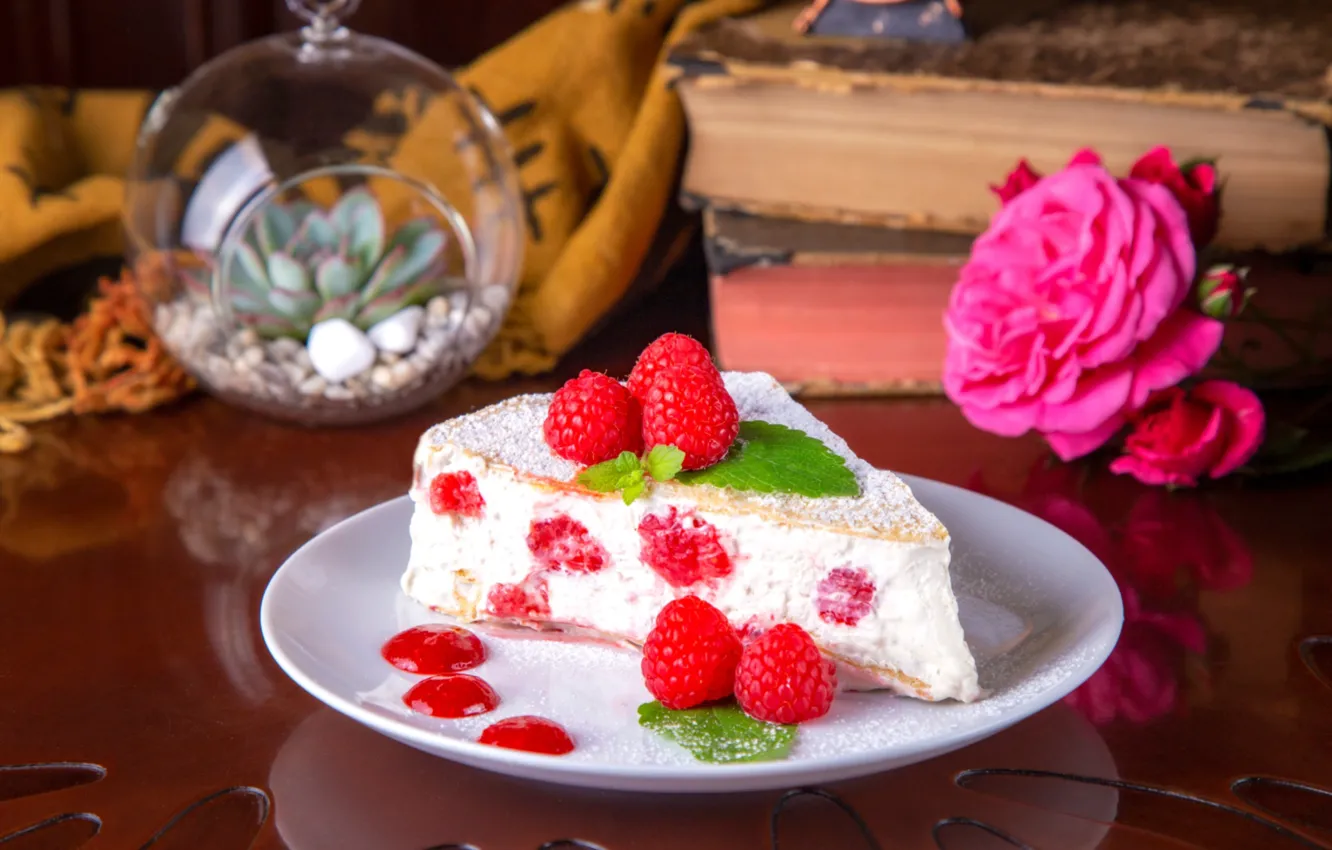 Photo wallpaper raspberry, roses, cheesecake