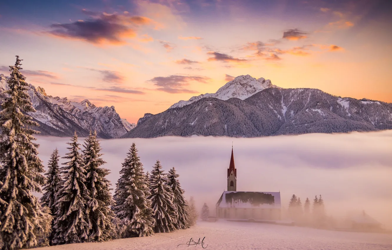 Photo wallpaper winter, clouds, snow, mountains, fog, Church