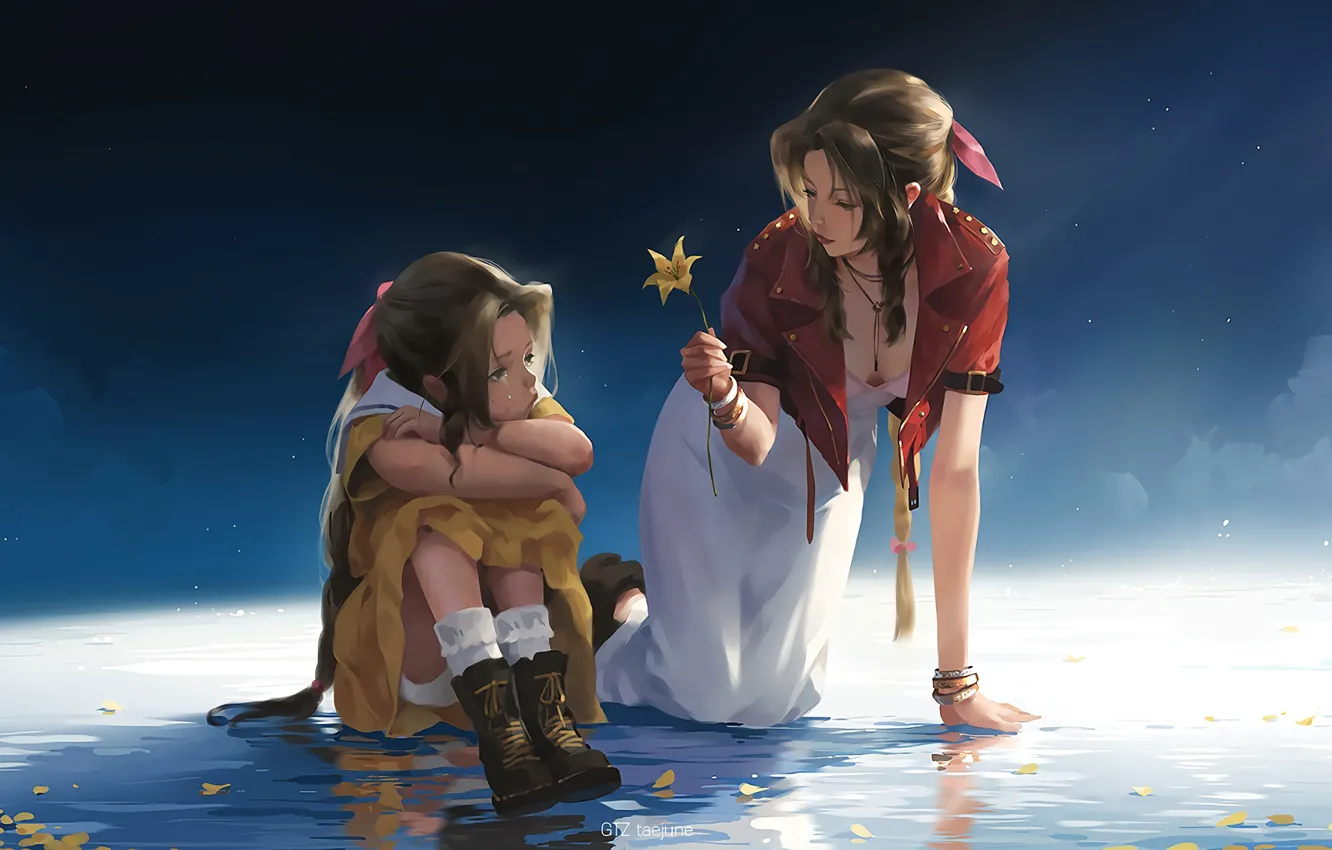 Photo wallpaper fantasy, game, Final Fantasy 7, flower, girls, water, leaves, tears