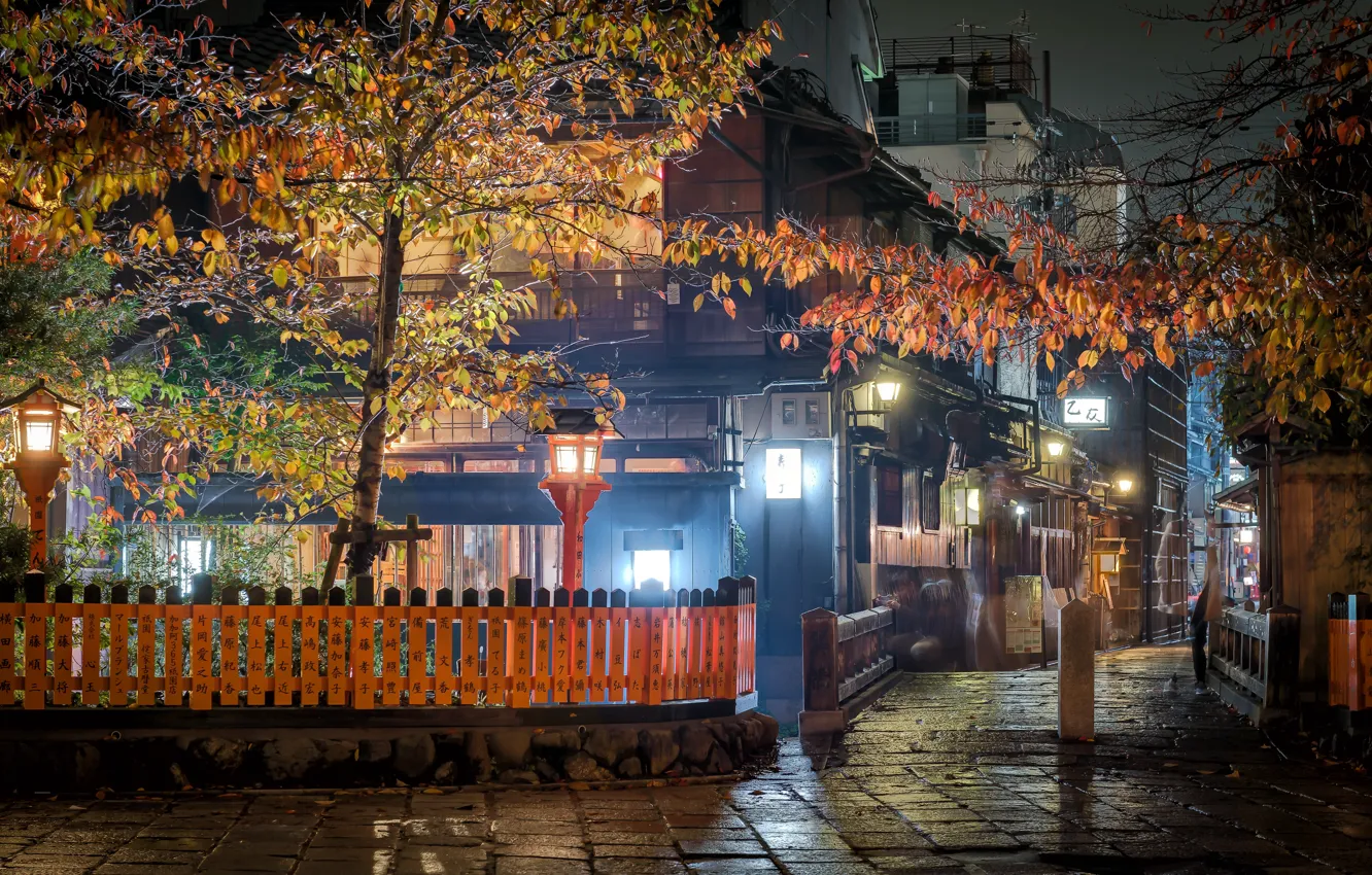 Photo wallpaper night, the city, street, home, Japan, lighting, lights, Kyoto