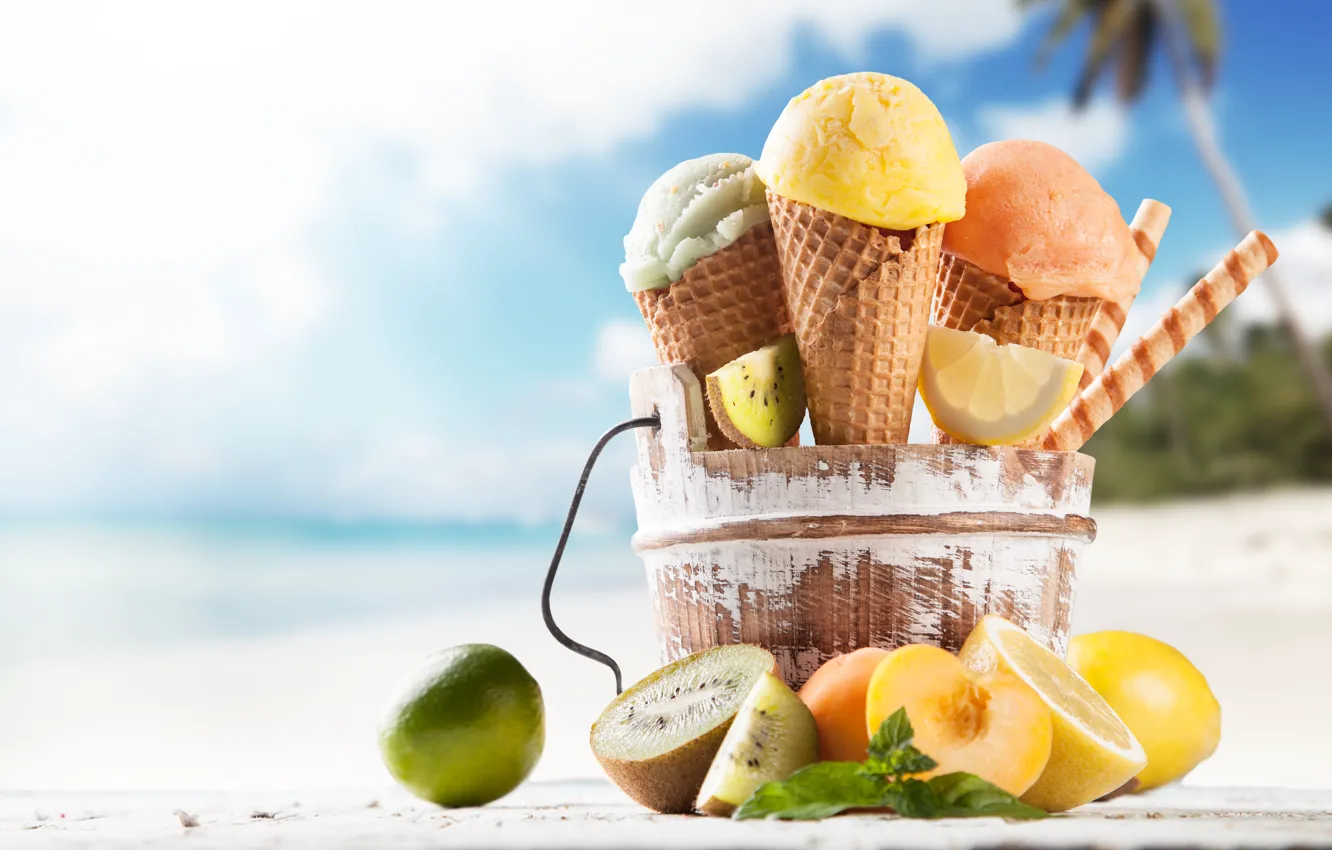 Photo wallpaper beach, ice cream, fruit, horn, dessert, sweet, sweet, fruits