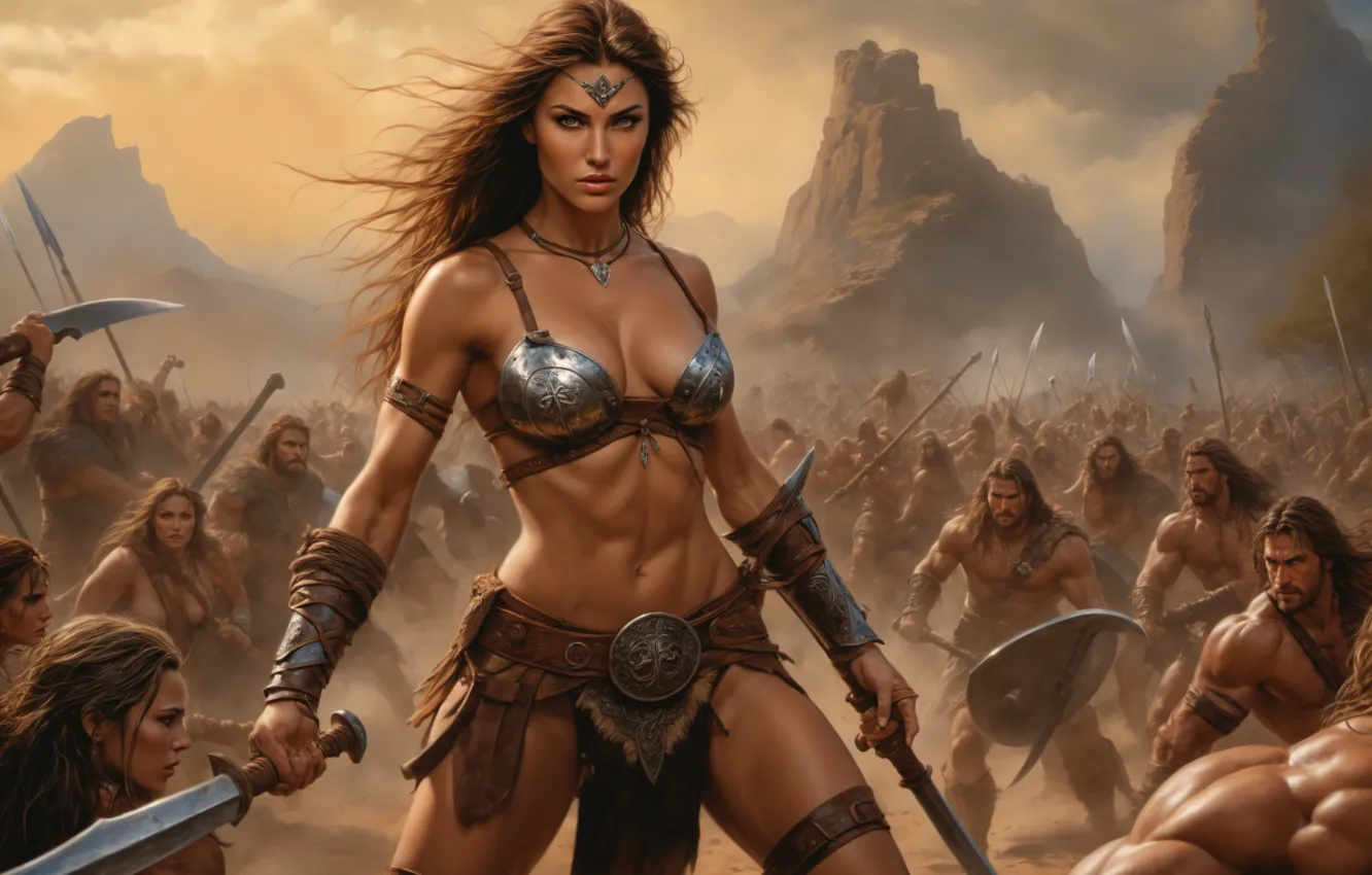 Photo wallpaper look, girl, pose, sword, warrior, male, warrior, the battlefield