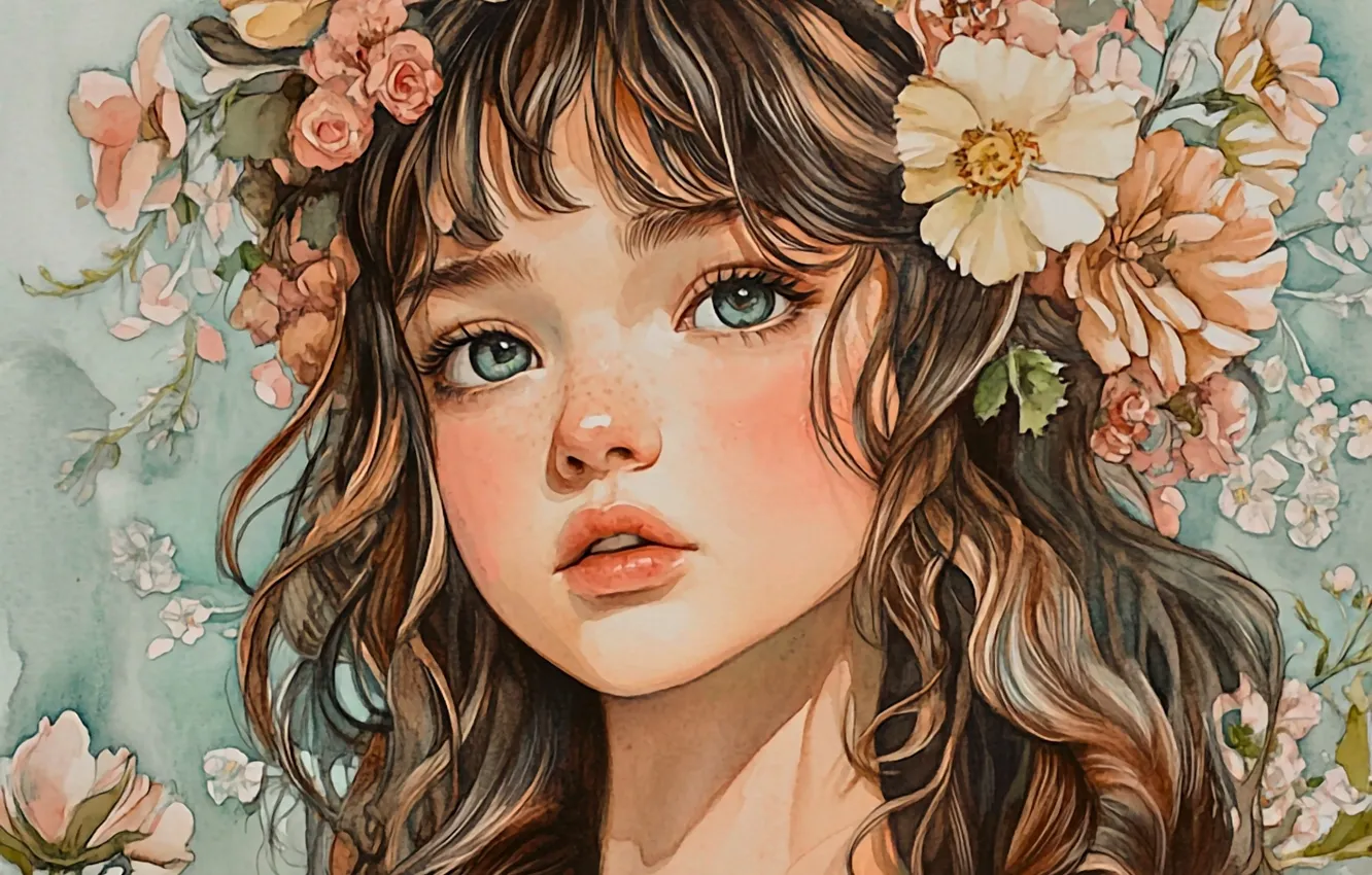 Photo wallpaper summer, look, girl, flowers, girl, blush, brown hair, wreath