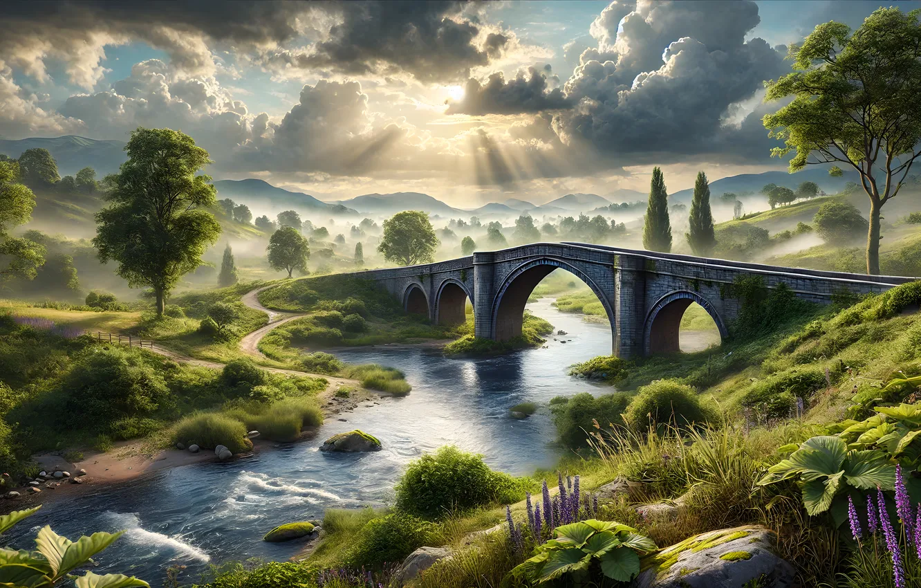 Photo wallpaper the sun, rays, trees, bridge, fog, river, shore, haze